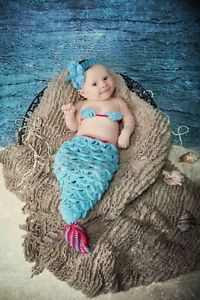 2pcs Baby Newborn Knit Crocheted Blue Ariel Mermaid Costume Headband Photo Prop