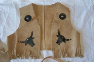 Boys Sz 4 5 Real Suede Cowboy Western Costume Chaps Vest Leather Holster Sheriff