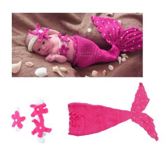 Baby Newborn 12M Girls Knit Crochet Rose Red Mermaid Costume Photo Prop Outfits