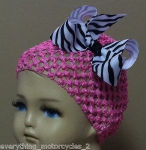 New Crochet Waffle Hat Hot Pink Zebra Print Bow Infants NB 3M 6M 9M 12M