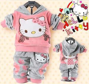 Baby Suit Set Girl's Hello Kitty Clothing Velvet Sport Suits Hoody Jackets Pants