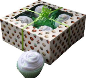 A Cake Box of 4 x Baby Sock Cakes Baby Clothes Bouquet Baby Shower Neutral Green
