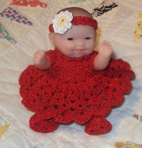 Crochet Doll Clothes for 5" Berenguer Itty Bitty Baby Red 4 PC Outfit