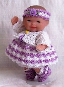 Crochet 5" Berenguer Itty Bitty Baby Doll Clothes Lilac White 6 PC Outfit