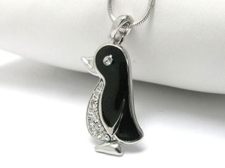New Black Crystal Penguin Pendant Necklace White Gold