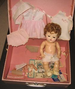 Vintage 50’s Am Character Tiny Tears Baby Doll w Case Clothes