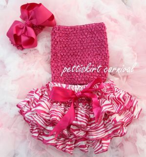 Baby Raspberry Zebra Ruffles Bloomers Hot Pink Tube Top Bow Headband 3pc NB 24M