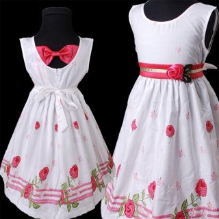 KD314 Spring Summer White Flower Rose Party Cotton Dress 4 8Y