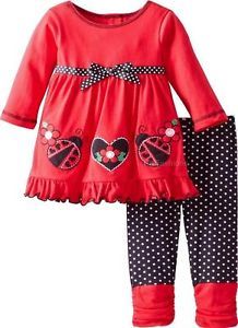 New Baby Girls "Red Black Love LY Ladybugs" Size 18M Top Leggings Clothes