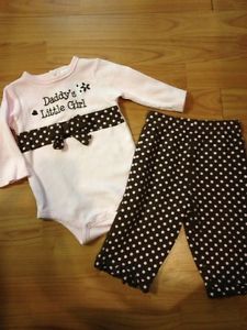 Baby Essentials 9 Month 2 PC "Daddy's Little Girl” Onesie Pink Brown Pant Set