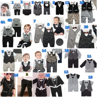 Baby Boy Wedding Check Tuxedo Suit Bowtie Romper Onepiece Bodysuit Outfit 0 24M