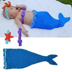 Baby Girls Boy Newborn 9M Knit Crochet Blue Mermaid Costume Photo Prop Outfits B