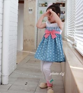 New Girls Baby Kids Toddlers Cowboy Blue Polka Dot Bowknot Dress Clothes S1 6Y