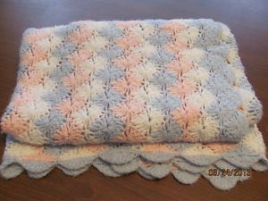 Hand Knitted Crochet Baby Blanket Blue Pink White 29 x 37 Very Soft