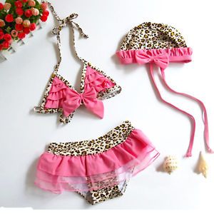 Cute Pink Leopard Baby Toddler Girl's Kids Swimwear Bikini Swimsuit Skirt Hat