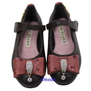 Girls Party Elegant Pink Crystal Diamond Bow Brown Leather Shoes Size 7 5 1