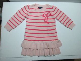 New Girls Baby Gap Pink Striped Ribbon Ruffle Knit Dress Size 12 18 Months