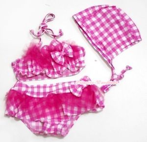 Baby Girl Pink White Plaid Hot Pink Ruffle Bikini Swimwear Swimsuit 3pc 2 7Y