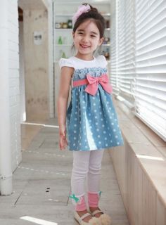 1pc Baby Girl Kids Toddler Infants Polka Dot Dress Skirt Bowknot Blue Clothes