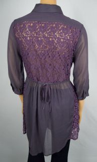 Free People Shirt 4 s Purple Floral Lace Eyelet Button Front Long Tunic Sheer