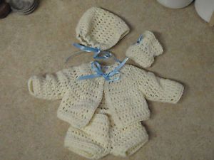 Vintage Baby Boy Clothing Handmade Knit Sweater Pants Sock Hat White Blue Ribbon