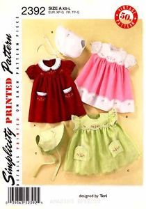 Simplicity Pattern 2392 Vintage Baby Girl Clothes Dress Bonnet XS L Embroidery