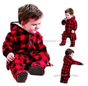 0 30M Baby Boy Girl Red Checked Pattern Bodysuit Snowsuit Hoodies Fleece Lining