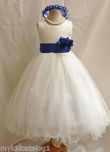 FL Ivory Royal Blue Sash Color Toddler Bridal Party Pageant Flower Girl Dress