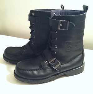 Boys Youth Polo Ralph Lauren Radbourn Black Leather Combat Boots Shoes Sz 5