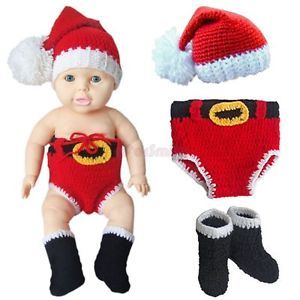 3pcs Baby Girls Boys Infant Christmas Santa Hat Pants Boots Crochet Prop Outfit