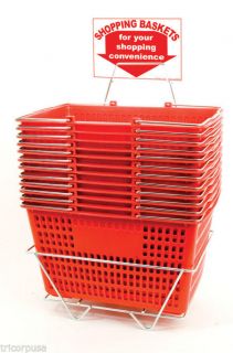 12 Heavy Duty Jumbo Shopping Basket Set with Stand Chrome Handles Red