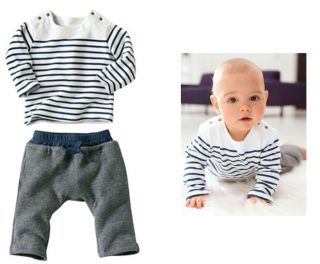 Baby Boy Twins Sporty Marine Sailor 2 Pcs Outfit Set Stripes T Shirt Pants