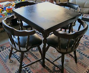 Vintage Game Table 4 Chairs Black Leather Wood Top Chairs Card Dining Table