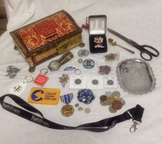 Junk Drawer Antique Money Bank Military Metal Railroad Stuff Coins Pins Patches