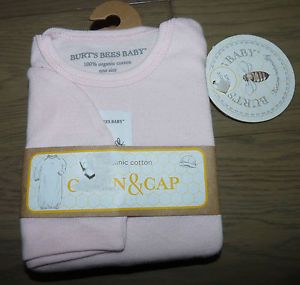 Burt's Bees Newborn Infant Baby Girls Organic Cotton Gown Cap Set Pink One Size