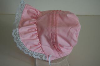 New Handmade Girls Baby Bonnet Pink with White Lace Trim SM 131 2 Ins