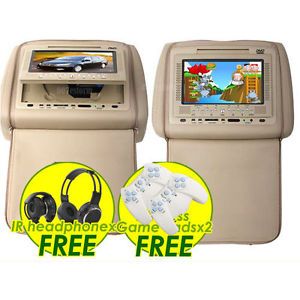 Beige 7"Car Pillow Headrest Monitor DVD Player X2 Games