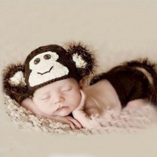 Newborn Baby Infant Knit Sweater Crochet Brown Monkey Photography Prop Hats