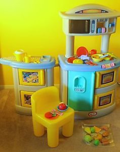Space Saving Folding Play Kitchen by Little Tikes w Chair Food Dishes Pick Up