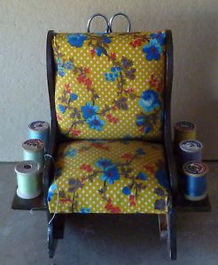 Vtg Wooden Rocking Chair Pin Cushion Sewing Mid Century 40s 50s Scissors Thread