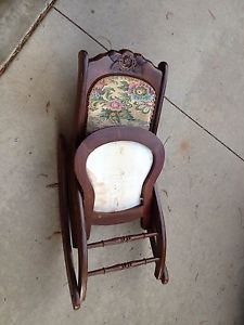 Vintage Antique Wooden Folding Rocking Chair Women's Victorian Floral Upholstery
