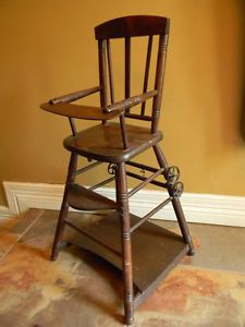 Antique Wood Play High Chair w Cast Iron Wheels Doll Bear Convertible