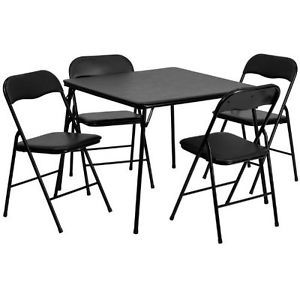 5 Piece Black Folding Card Table and Chair Set Party Camping Holiday