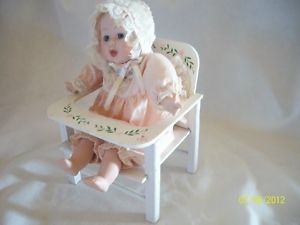 Vtg Musical Porcelain 12" Baby Doll w Styrofoam Body in Orig Wood High Chair