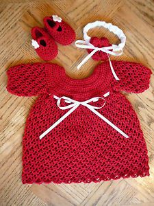 Handmade Crochet Deep Red Baby Dress Headband Booties Set Newborn 3M Photo Prop