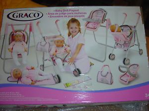 New Graco 9 Piece Baby Doll Playset Stroller Swing High Chair More