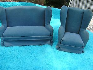 Doll House Living Room Furniture Wing Chair Sofa Blue Velvet