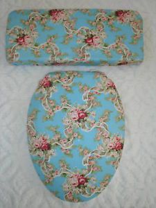 French Country Aqua Pink Rose Toilet Seat Cover Set