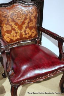 26" Arm Chair Hand Tooled Leather Wood Frame Unique Carving Beutiful Spectacular