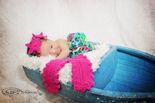 Newborn Pink Crochet Baby Girl Mermaid Fin Tail Bikini Flower Photography Prop
